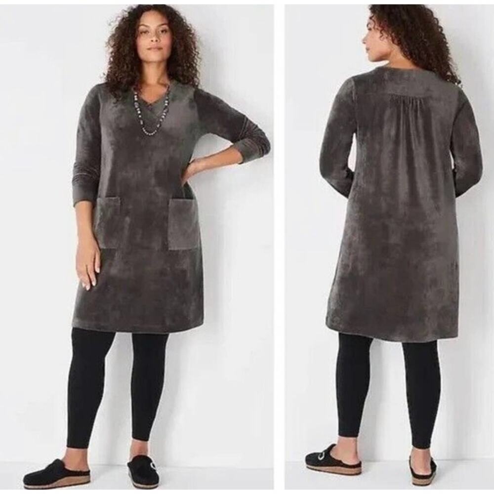 J Jill Pure Jill Crushed Velour V-Neck Dress Gray Women's MP